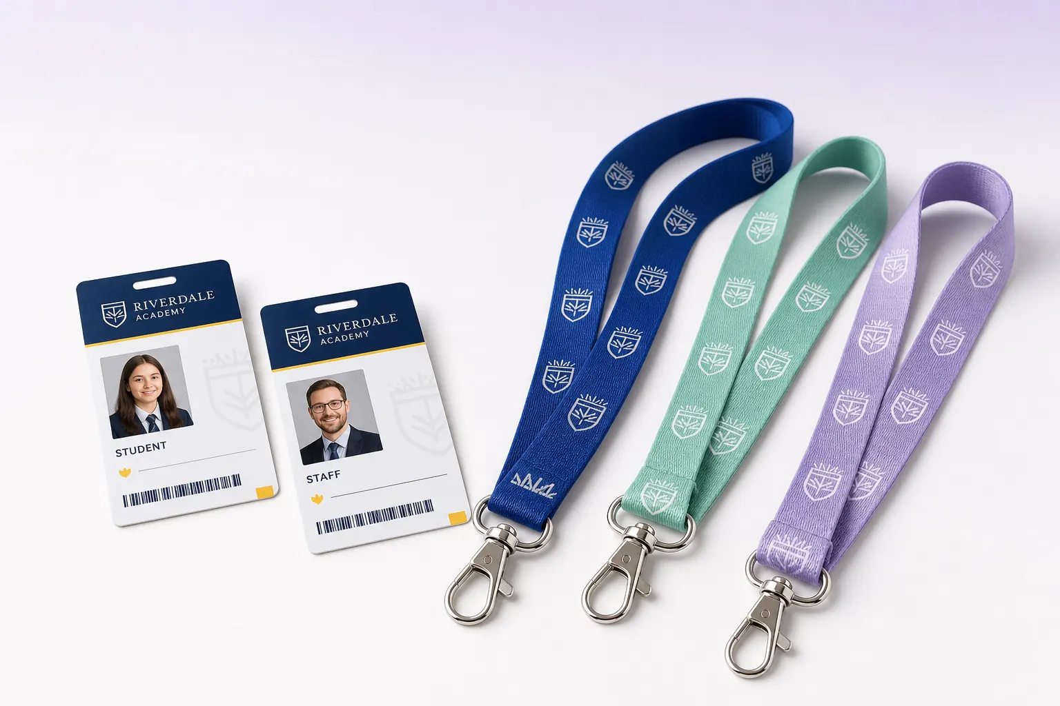 Custom student and staff ID cards with branded school lanyards