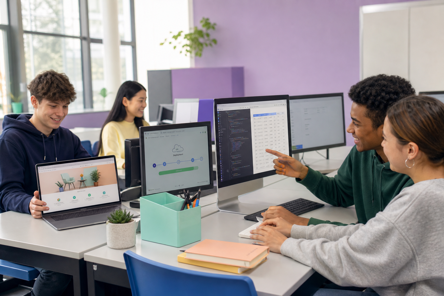 Students building and deploying websites and software in a computer lab