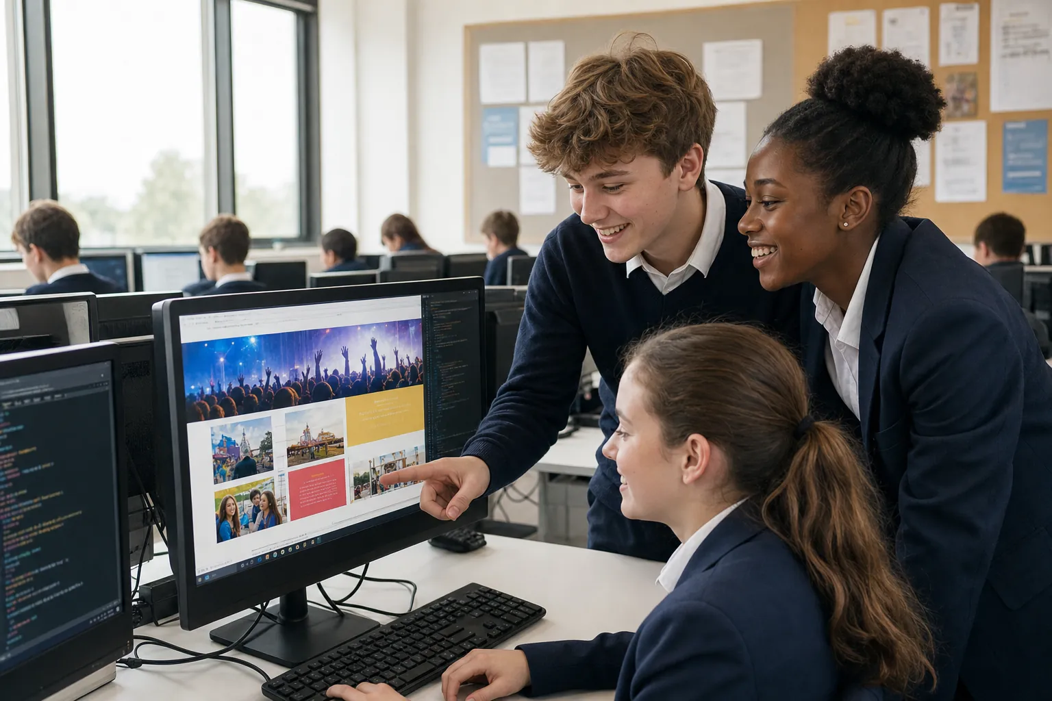 School students collaborating on a website project in their computer lab